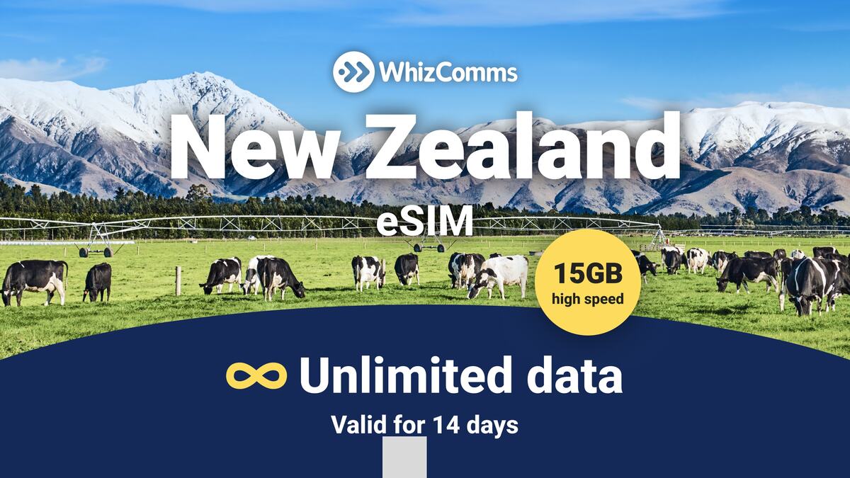 WhizComms 14-Day 15GB Unlimited New Zealand eSIM – Instant Activation & Nationwide Coverage - Main Image