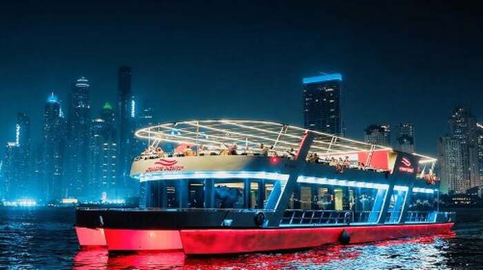 Luxury Dubai Sunset & Dinner Cruise (90min) on Glass Boat with International Buffet & Live Music Transport Passes - Main Image